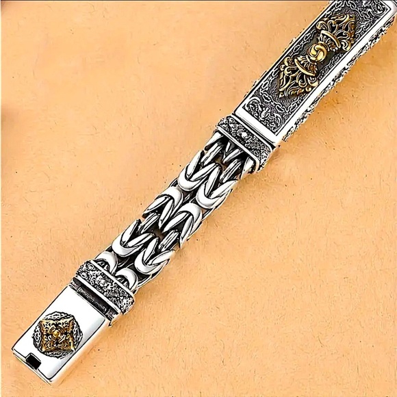 Stainless Steel Chain Link Bracelet, Mantra, Curb Hand Woven Engraved - Picture 5 of 6